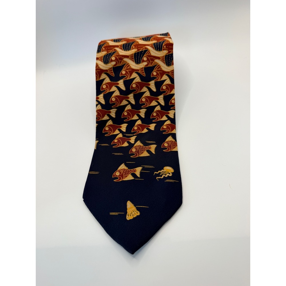 MC Escher Fish & Boats Woodcut 1948 Silk Tie Navy Rust Orange Made in Italy